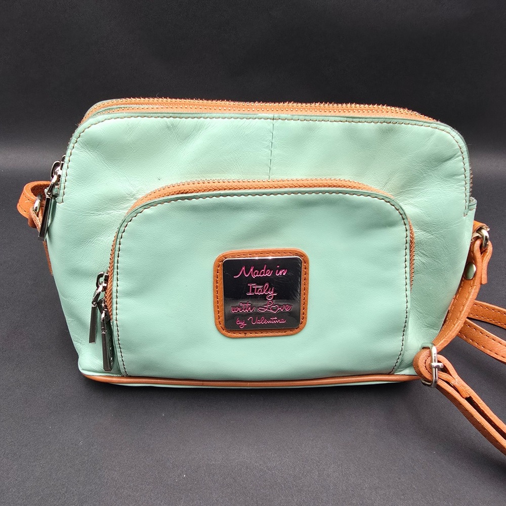 Valentina Mint Green Leather Crossbody Bag Made in Italy Triple Zip Tan Trim